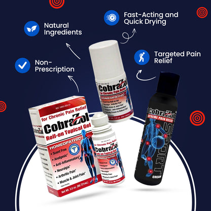 CobraZol™ para el alivio del dolor crónico clínicamente probado | Clínicamente probado | Gel tópico roll-on de 3 oz